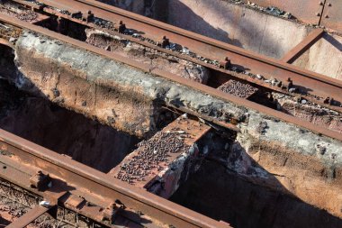 Tamir edilemeyen yüksek tren rayları, harap olmuş beton ve pas tabakası, yatay görünüm