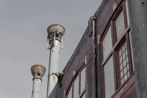 Old Brick Industrial Building Smokestacks Windows Horizontal Aspect — Stock Photo, Image