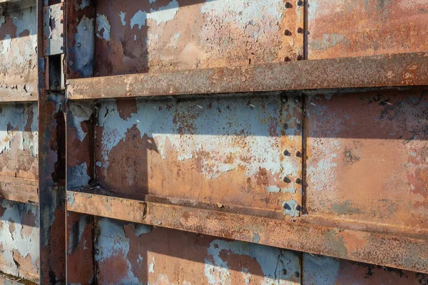 Perspectiva Vista Fondo Construcción Industrial Pared Metal Oxidado Aspecto Horizontal — Foto de Stock