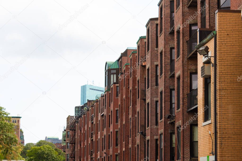 Rear view of Boston brownstone apartment block, horizontal aspect