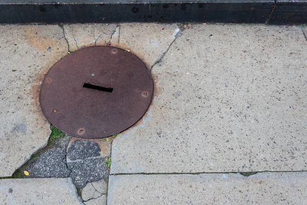 Rusted Metal Manhold Cover Set Cracked Sidewalk Concrete Asphalt Creative — Stock Photo, Image