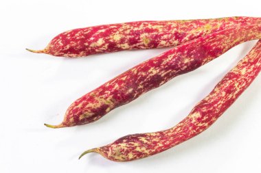 Üç kırmızı benekli Ekim fasulyesi kabuğu beyaz, yatay boyutta izole edilmiş