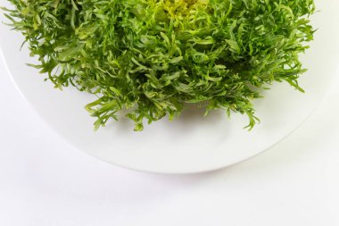 Bir kasedeki marul kafasının üst görüntüsü, kopyalama alanı, beyaz, yatay görünümde izole.