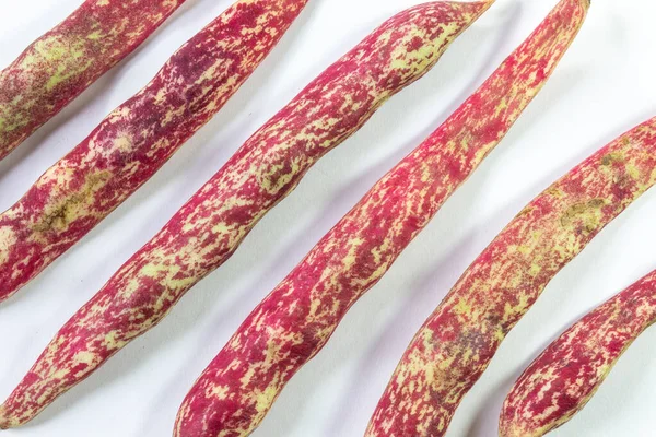 Lines Red Speckled October Bean Pods Diagonal Isolated White Food — Stock Photo, Image