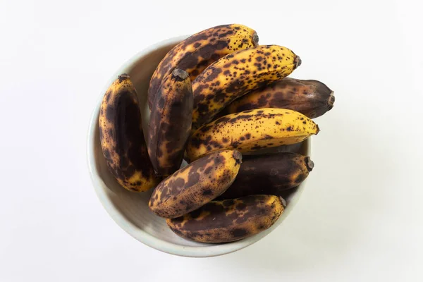 Bowl Overripe Bananas Viewed Overhead Isolated White Horizontal Aspect — Stock Photo, Image