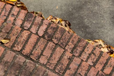 Hafif kıvrımlı tuğla merdiven manzarası ve beton, kirli ve temizlenmesi gerek, yaprak çöpü, yatay görünüm