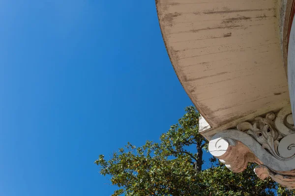 Zicht Blauwe Lucht Magnolia Boom Van Onder Een Gebogen Balkon — Stockfoto