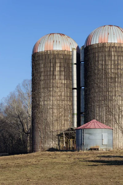 Composition Two Large One Small Silo Winter Landscape Vertical Aspect — Stock Photo, Image