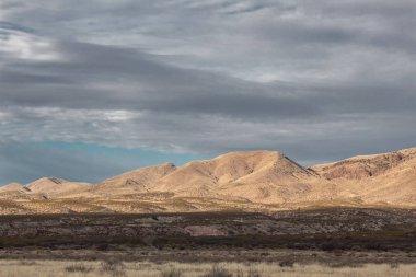 Bosque del Apaçi New Mexico, karanlık gökyüzünün önündeki dağlar, yatay görünüm