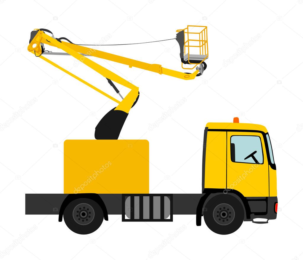Bucket truck vector illustration isolated on white background. Aerial work bucket vehicle. Service urban vehicle for electrician worker repair or reinstall traffic lights. Car crane industry equipment