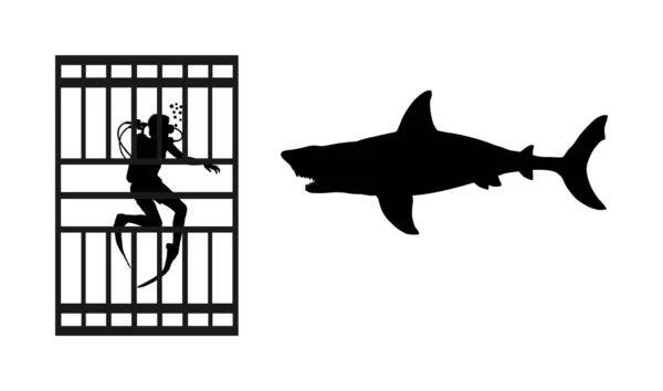 Diver Diving Cage Observing Great White Shark Vector Silhouette Isolated — Stock Vector