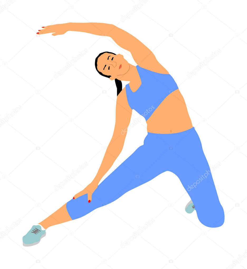 Fitness woman instructor exercise on training in gym vector. Losing weight, bodybuilder. Personal trainer workout. Fit sport lady. Handsome girl stretching and worming up. Female athlete skill.