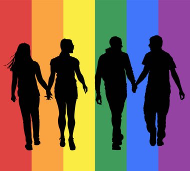 İki homoseksüel çocuk vektör siluetini tutuyor. Toplum içinde eşcinsel çift şefkati. Yumruk yumruğa yakınlık, erkekler erkekleri sever. Eşcinsel gurur hakları. Lezbiyen çift kadını sever. Ayrımcılık
