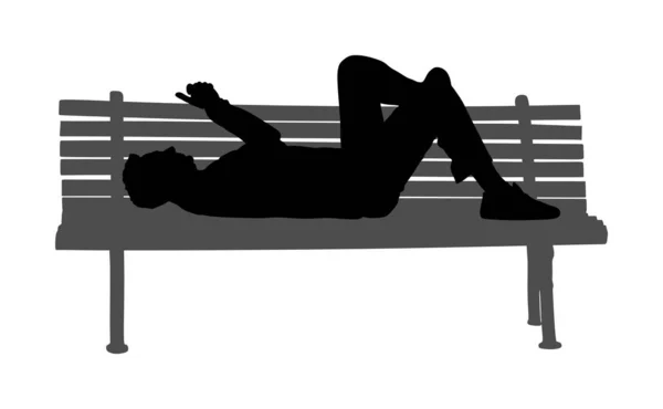 Relaxed Lazy Man Lying Bench Park Mobile Phone Vector Silhouette — 스톡 벡터
