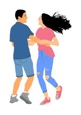 Sevgili ve sevgili çift beyaz renkte izole edilmiş bir vektör. Dans eden çift. Gülümseyen kadın ve erkek. Kız ve erkek gülüyor ve partide oynuyorlar. Romantizm içinde mutlu insanlar. Yaz zamanı kumsal eğlencesi.