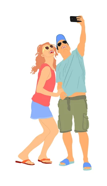 Girlfriend Boyfriend Couple Love Taking Selfie Picture Vector Isolated White — 스톡 벡터