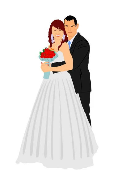 Mariée Fiancée Jour Mariage Robe Costume Vectoriel Illustration Couple Joyeux — Image vectorielle