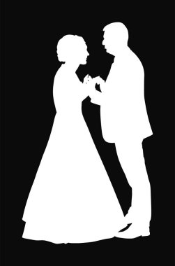 Damat ve gelin düğün günü, elbise ve takım elbise vektör silueti. Düğün çifti. Mutlu gelin ve damat resmi olarak. Sadece aşık evli bir çift. Şık insanlar parti kutlamalarında vals yapıyor..