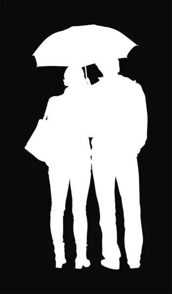 Couple Amoureux Sur Pluie Sous Parapluie Vecteur Silhouette Bon Temps — Image vectorielle