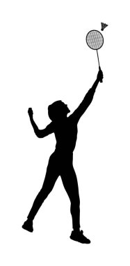 Beyaz arka planda izole edilmiş Badminton vektör silueti oynayan mutlu kız. Kadın sporu eğlencesi. Kadın badminton oyuncusu iş başında. Çocuklar plaj aktivitesi. Barbeküden sonra piknik rahatlaması.