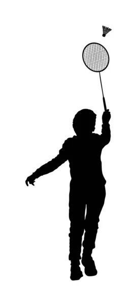 Happy Boy Spelen Badminton Vector Silhouet Geïsoleerd Witte Achtergrond Vrienden — Stockvector