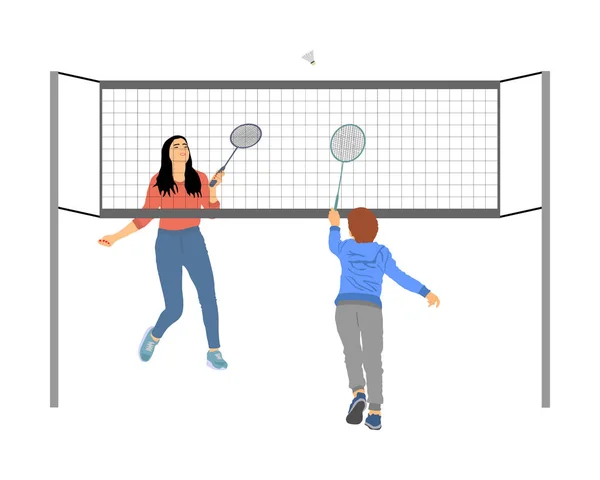 Happy Girl Boy Playing Badminton Vector Illustration Isolated White Background — Vetor de Stock