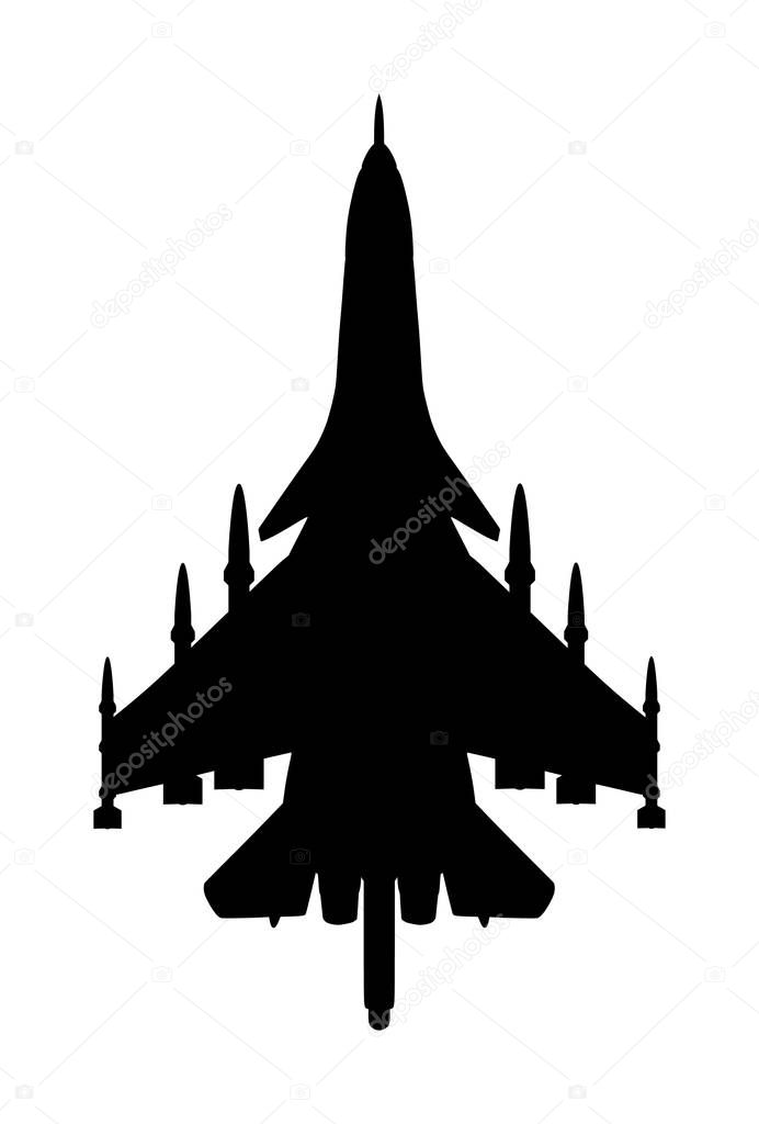 Jet fighter vector silhouette isolated on white background. Military plane symbol. Aircraft with missile on duty patrol. 