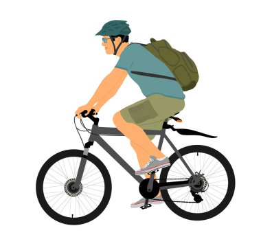 Beyaz arka planda izole edilmiş bisiklet vektör çizimi kullanan erkek bisikletçi. Yarıştaki sporcu motorcu. Çocuk sırt çantasıyla bisiklet sürmenin tadını çıkarıyor. Dağ bisikleti süren kasklı sporcu..