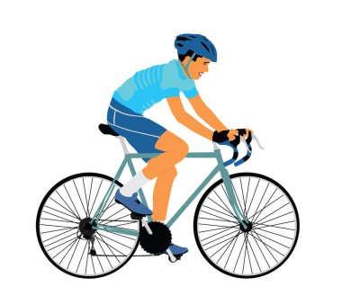 Beyaz arka plan çizimine karşı izole edilmiş bisiklet süren bir erkek bisikletçi. Yarış sporcusu. Giro, tur, yarışma. Bisiklete binen adam. Kasklı bisikletli çocuk. Motorcu açık hava yarışı.