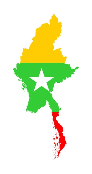 Myanmar Mapa Vetorial Bandeira Sobre Silhueta Mapa Isolado Fundo Branco — Vetor de Stock