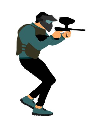 Paintball oyuncusu vektör çizimi beyaz arkaplanda izole edildi. Ekstrem spor oyunu. Tüfekli bir adam hedefe nişan alıyor. Adrenalin savaşı veren aktif bir çocuk. Stres önleyici açık hava aktivitesi.
