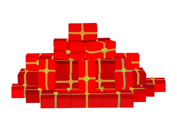 在白色背景上孤立的生日礼盒向量的大山 许多礼物装在红色的盒子里 上面有金色的蝴蝶结 祝节日快乐 庆祝快乐家庭的时刻 — 图库矢量图片
