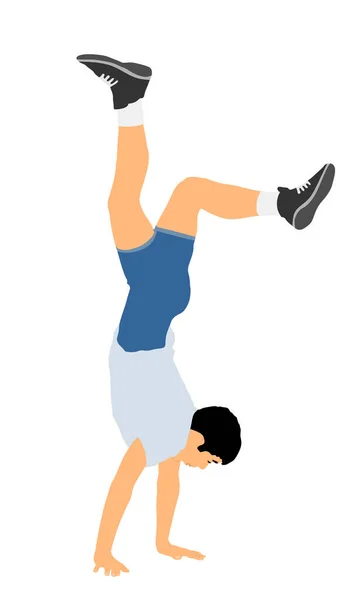 Young Man Doing Cartwheel Exercise Sportsman Acrobat Handstand Position Vector — Stock Vector