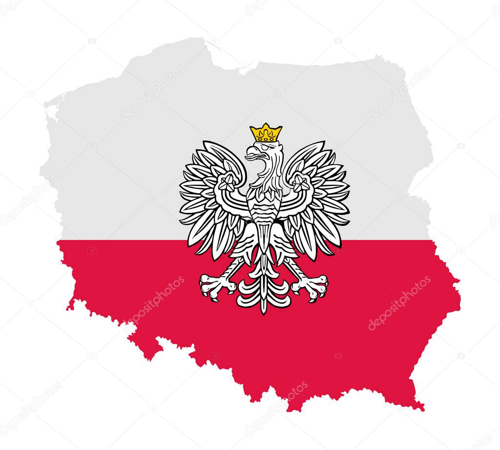 Poland map with flag and Poland coat of arms over map vector illustration. National symbol.