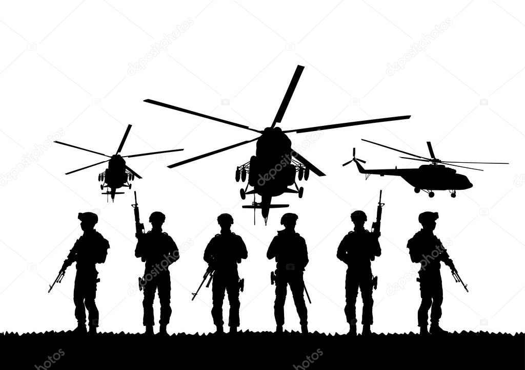 Army soldiers with sniper rifle on duty vector silhouette (Memorial Veterans day, 4th of July Independence day) Soldier keeps watch on guard. Rangers on border. Commandos team unit. Special force crew