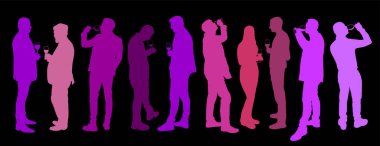 İş adamları beyaz şarap vektörü silueti ile buluşup içiyorlar. Arkadaşlar işten sonra rahatlamak için kadeh kaldırıyor. Çocuklar barda bira içer. İçecekle sosyal yaşam kutlaması. Kız ve erkek aşk.