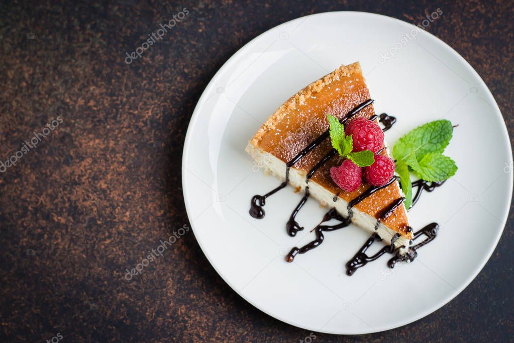 slice of cheesecake with raspberry and mint 
