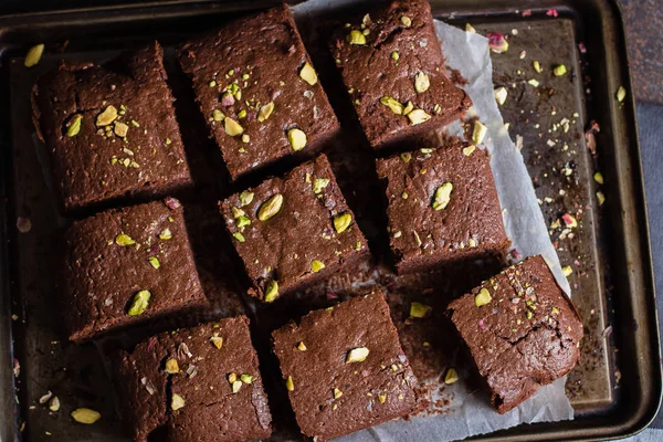 Homemade Chocolate Brownies Pistachios Dark Background — Stock Photo, Image