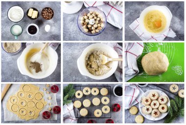 Adım adım tarif kolajı. Holiday Sweet Food. Kurabiye yapımı. Üzerinde kırmızı böğürtlen reçeli ve gri beton masa arkaplanı olan Noel Linzer kurabiyeleri. Üst manzara, düz uzanma