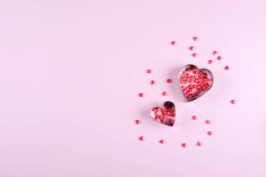 Heart Candy geçmişi. Sevgililer Günü Konsepti. Düz konum, üst görünüm, kopyalama alanı