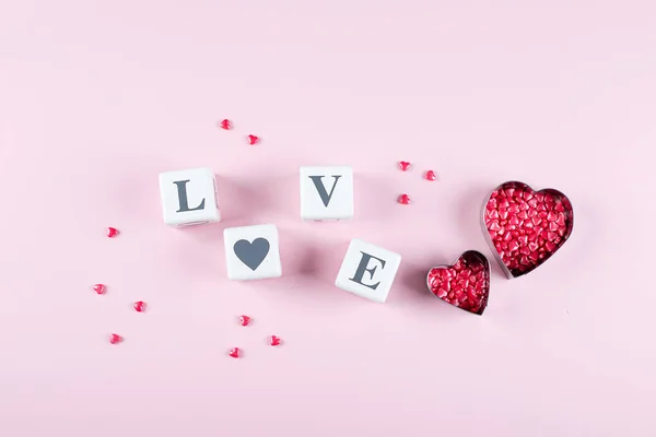 Heart Candy and Cubes Word Love. Valentine's Day Concept. Flat lay, top view, copy space — 스톡 사진