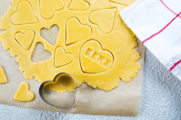 Bakery Valentine's Day Concept. Making homemade heart shaped coo — 스톡 사진
