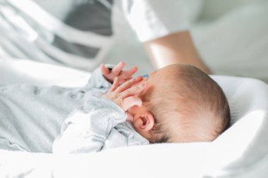 Cocon 'da yatakta yeni doğmuş bir bebek. Yaşam tarzı, aile hayatı konsepti. Sevimli küçük bebek huzur içinde uyuyor.