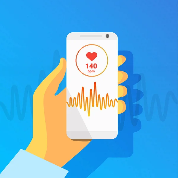 Aplicación de salud en la pantalla del teléfono inteligente con ritmo de pulso. Atención médica, aplicación médica, concepto de monitoreo de salud. Mano sosteniendo smartphone. Elementos gráficos de diseño plano moderno. Vector — Archivo Imágenes Vectoriales