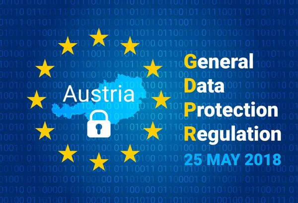 Gdpr - Allgemeine Datenschutzverordnung. Karte von Österreich, EU-Flagge. Vektor — Stockvektor