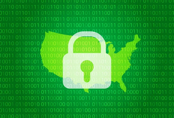 Mapa dos Estados Unidos. ilustração com bloqueio e código binário de fundo. bloqueio de internet, ataque de vírus, proteção de privacidade —  Vetores de Stock