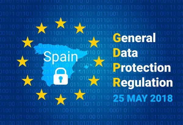GDPR - Regulamento Geral de Proteção de Dados. Mapa da Espanha, bandeira da UE. vetor — Vetor de Stock