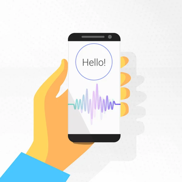 音声認識。インテリジェントなパーソナル アシスタント。手の中の携帯電話のサウンド ウェーブ。録音 control.sound。ベクトル — ストックベクタ