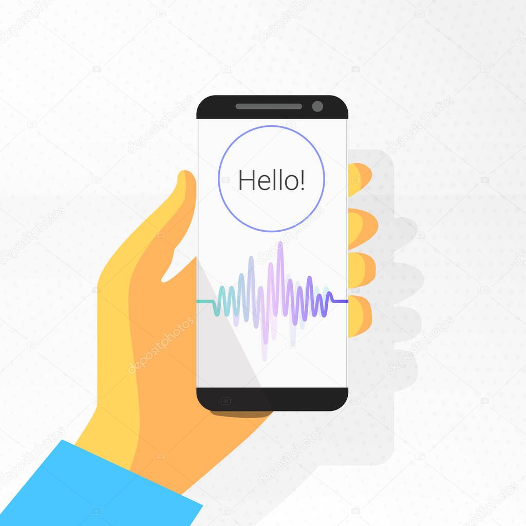 voice recognition. intelligent personal assistant. soundwave on phone in the hand. voice control.sound recording. vector