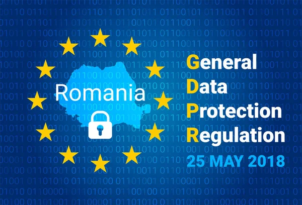 GDPR - Regulamento Geral de Proteção de Dados. Mapa da Roménia, bandeira da UE. vetor — Vetor de Stock